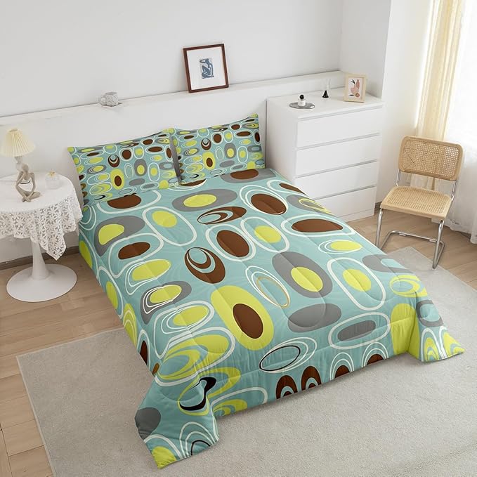Erosebridal Teal Minimalist Bedding King Geometric Circles Comforter Set, Abstract Spiral Swirl Duvet Insert Geometric Stripes Down Comforter, Modern Aesthetic Bedding Comforter Sets Room Decor