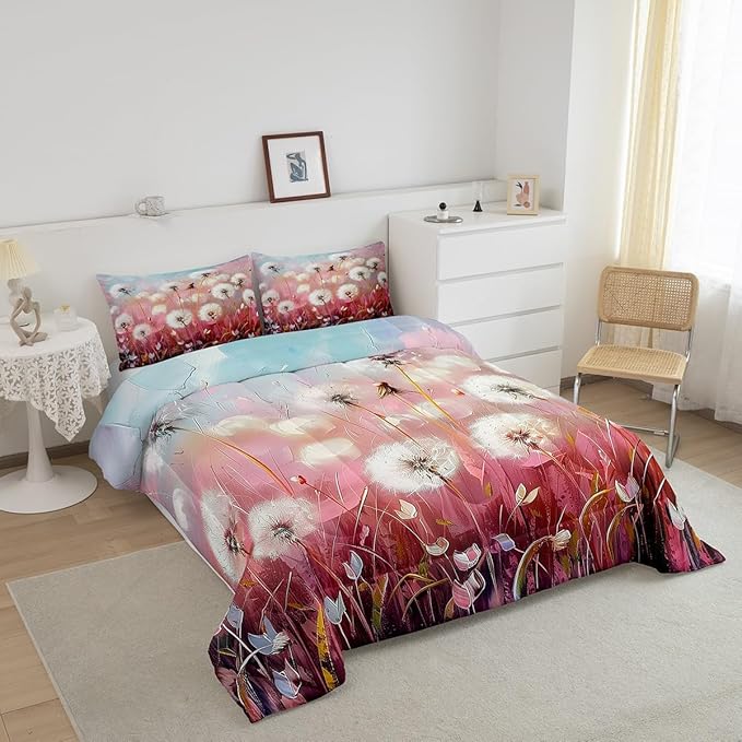 Dandelion Kids Comforter Full,Botanical Leaves Plants Bedding Set for Girls Youth Bedroom Decor,Pink Gradient Sky Reversible Quilt Sets,Farmhouse Style Bedding Comforter Set,Soft Fluffy