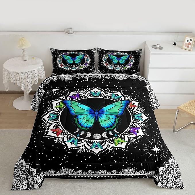 Erosebridal Butterfly Bedding Set King Size Galaxy Duvet Set Starry Sky Comforter Sets Boho Colorful Wild Animals Down Comforter for Moth Moon All Season Mandala Black White Duvet Set