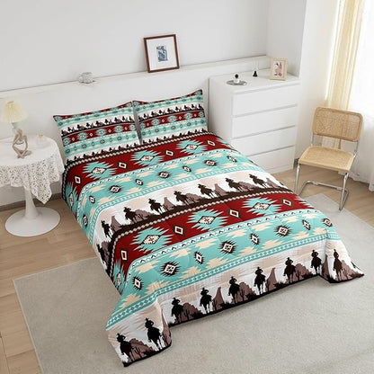 Feelyou Boho Comforter Set Toddler Size Horses Comforter Southwestern Native Aztec Bedding Set Farmhouse Wildlife Duvet Set Room Decor Light Blue Quilt Set