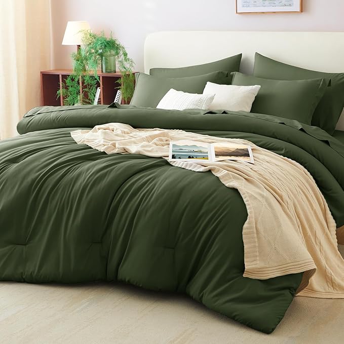 CozyLux King Size Comforter Set Olive Green, 7 Pieces Bed in a Bag King Comforter Set with Sheets, Bedding Set with Down Alternative Comforter, Fitted Sheets, Flat Sheets, Pillow Shams and Pillowcases