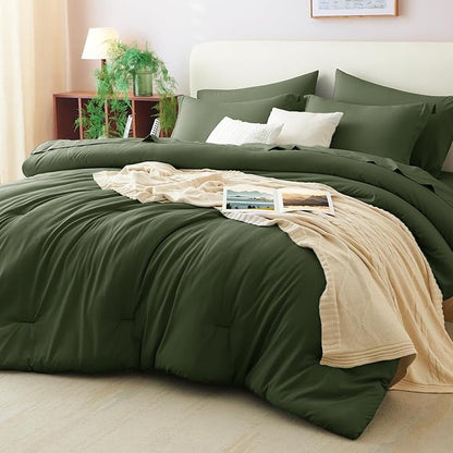 CozyLux King Size Comforter Set Olive Green, 7 Pieces Bed in a Bag King Comforter Set with Sheets, Bedding Set with Down Alternative Comforter, Fitted Sheets, Flat Sheets, Pillow Shams and Pillowcases