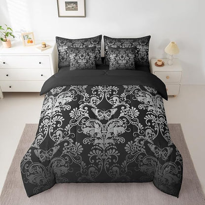 Erosebridal Gothic Damask 7 Piece Comforter Set Full Bed in a Bag,Butterfly Skull Bedding Sets White Black Victorian Floral Goth Sheet Set with Comforter