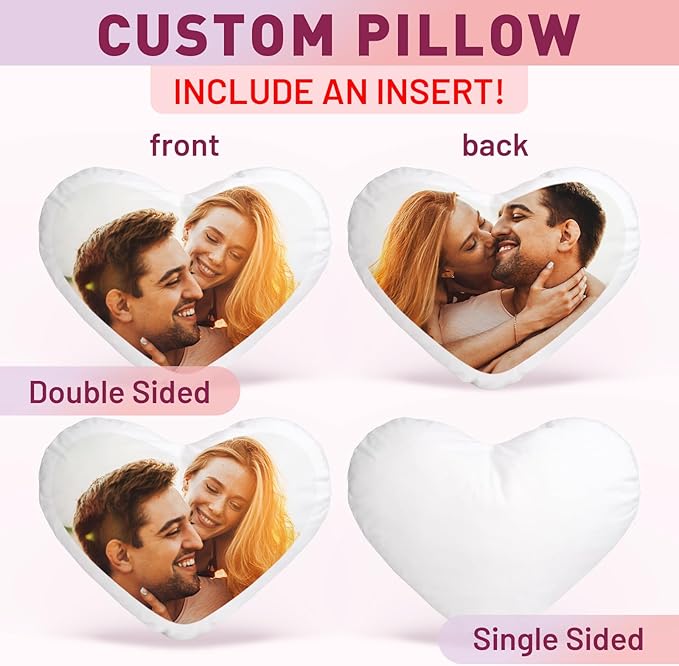 Custom Pillow with Picture & Text - Include Insert, Personalized Photo Pillow Double-Sided Printing, Custom Heart Pillow for Loved One | Personalized Couple Gifts for Birthday Anniversary