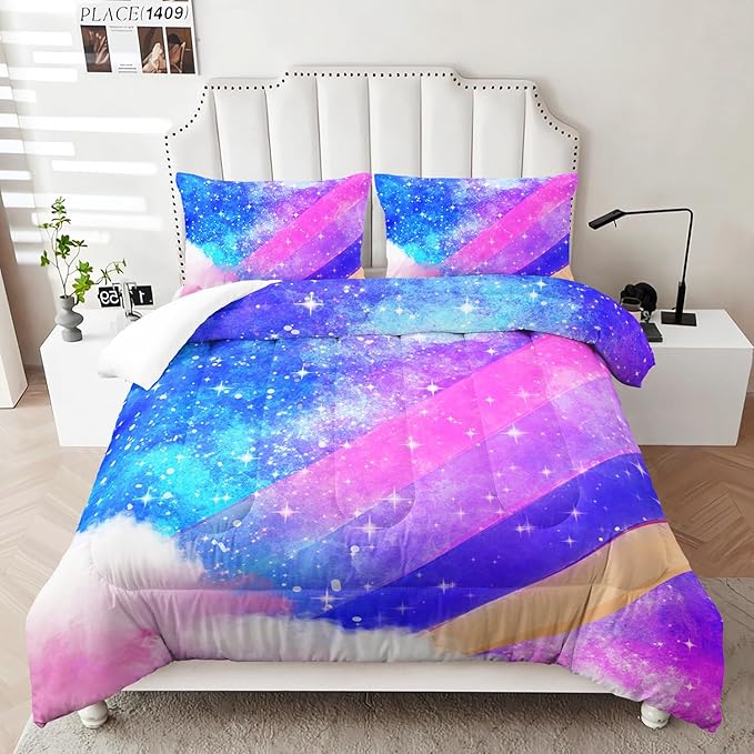 Rainbow Queen Size Comforter Set for Girls Kids Women,Colorful Galaxy Microfiber 3 Piece Bedding Set,All Season Down Alternative Bedding with Matching Sham(Violet Star),91x91 Inches