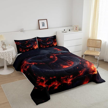 Manfei Snake Kids Comforter Full,Exotic Fire Snake Bedding Set for Girls Youth Bedroom Decor,3D Flame Magma Reversible Quilt Sets,Safari Animal Bedding Comforter Set,Soft Fluffy