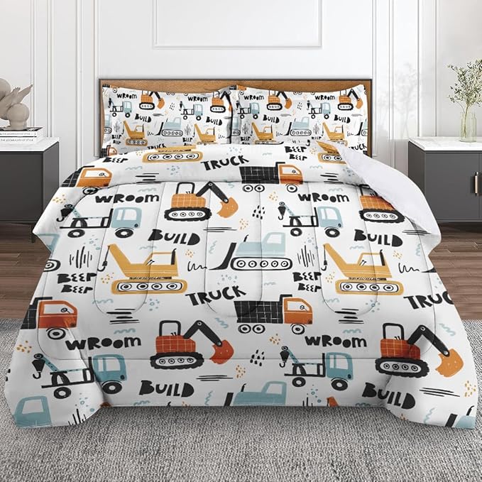 Boys Construction Comforter Set for Kids Teens Full, Hand Drawn Car Excavator Truck Bedding Sets Water Washed Microfiber Bedding with 1 Comforter 2 Pillowcases All Season