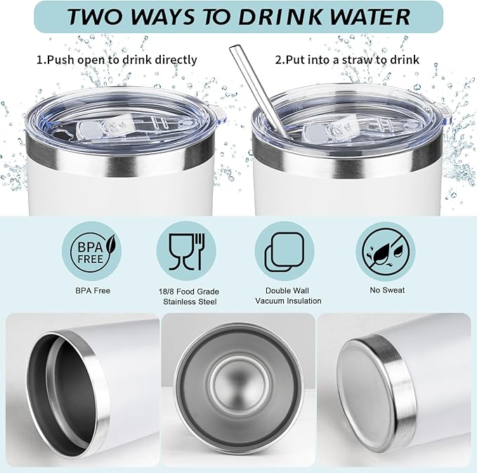 20oz Tumbler with Straw and Brush, Stainless Steel Vacuum Insulated tumbler, Double Wall Insulated Coffee Tumbler for Outdoor, Home, Travel,Office (White,4pcs)