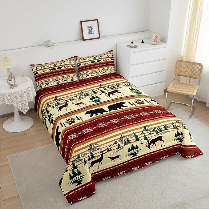 Feelyou Bohemian Deer Bedding Sets Twin Bear Wildlife Hunting Theme Comforter Cabin Decor Boho Western Duvet Insert for Adult Women Men Retro Boho Wildlife Down Comforter Geometric Quilt 2Pcs