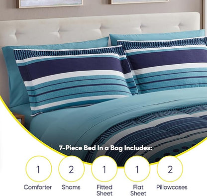 Sweet Home Collection 7 Piece Comforter Set Bag Solid Color All Season Soft Down Alternative Blanket & Luxurious Microfiber Bed Sheets, Marino, Queen