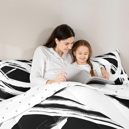 Erosebridal White and Black Striped King Bedding Set for Kids Teens Adults, Geometric Striped Comforter Set for Minimalists,Graffiti Aesthetic Lines Duvet Insert,Contemporary Boho Modern Art Quilt
