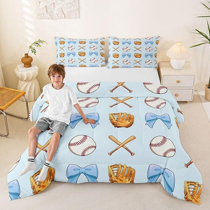 Baseball Bowknot Bedding Sets King Size,Blue Bow Tie Knot Comforter Set 3Pcs for Kids Girls Boys Women Room Decor,Baseball Bat Gloves Quilted Duvet Ball Sport Games Down Comforter,2 Pillowcases