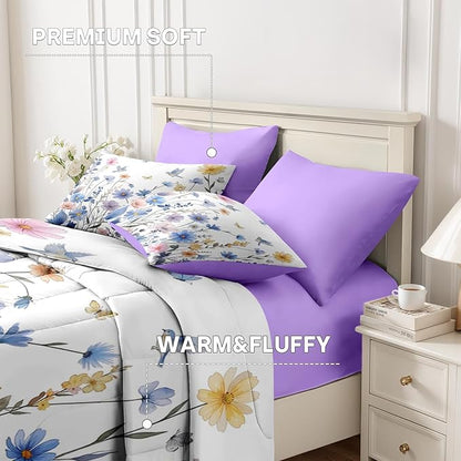 Nesker 7 Pcs Spring Comforter Set Queen Size, Blue Floral Bird Bedding Set for Kids and Adults, Purple Flower Butterfly Bed Sheet Sets with Fitted Sheet 2 Pillowcases & 2 Shams