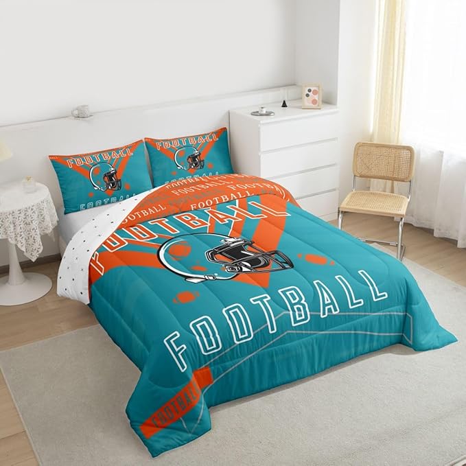 Feelyou Football Bedding Set Boys Girls Queen Size Comforter Set Sports Themed Women Men Football City Duvet Quilt Rugby Sports Orange Green Room Decor