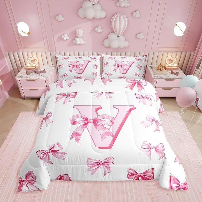 Erosebridal Initial Letter V Bow Bedding Set for Kids Girls Teen Women,Pink Girly Bowknot Comforter Set Full Cute Fantasy Princess Bedding Comforter Sets Kawaii Watercolor Bow Quilt Duvet