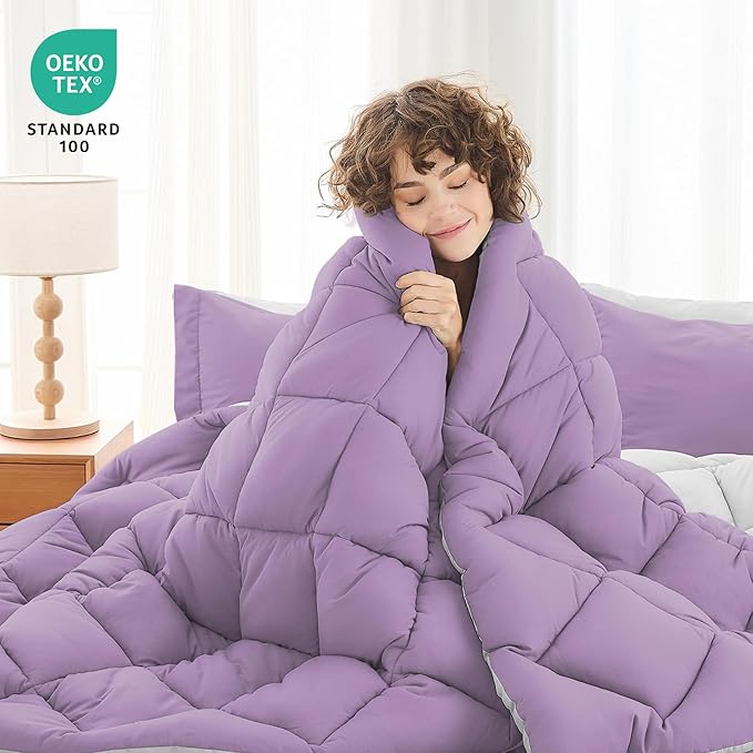 MUXHOMO 5 Pieces Twin Comforter Set, Reversible Bed in a Bag Twin Size, All Season Bedding Set with Comforter, Flat Sheet, Fitted Sheet, Pillowcases & Shams, Greyish Purple & Light Grey