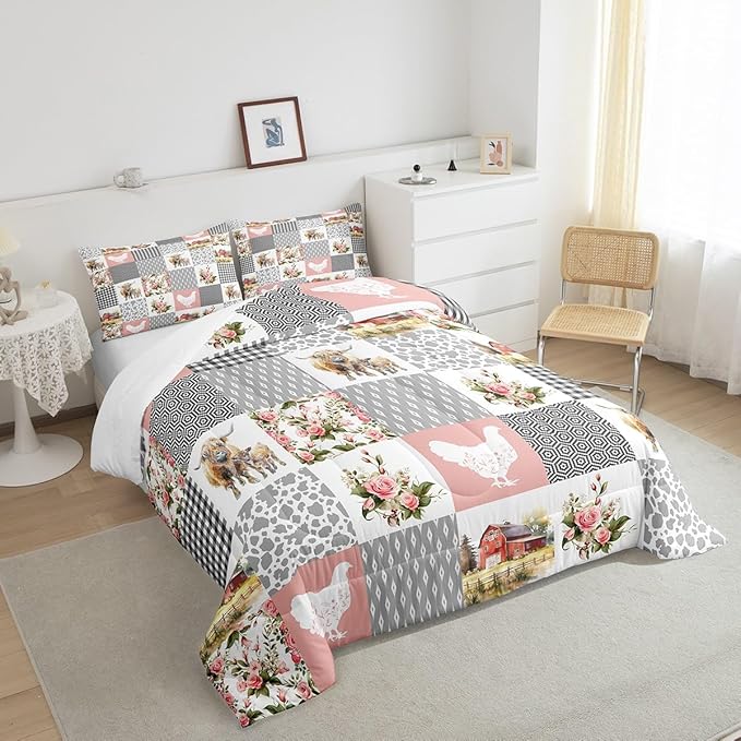 Farmhouse Barn Comforter Set King Size,Chicken Highland Cow Flowers Grid Bedding Set All Season Quilt Set,Rustic Pink Patchwork Geometric Microfiber Polyester Down Comforter