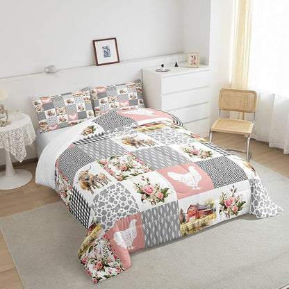 Farmhouse Barn Full Size Comforter Set,Chicken Highland Cow Flowers Grid Bedding Comforters Bedroom Collection,Rustic Pink Patchwork Geometric Bedding Set for Girls Teens