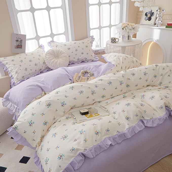 HighBuy Lavender Floral Comforter Set Full Princess Girl Ruffle Bedding Comforter Sets Farmhouse Coquette Cottagecore Bedding Set 1 Flower Comforter with 2 Pillowcases for All Seasons
