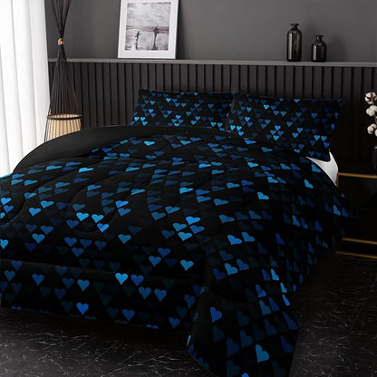 Geometric Blue Love Black Comforter Set,Blue Heart Honeycomb 3 PCS Bedding Set Twin Size for Teen Adult,Modern Quilt Set Geometry Decor,Microfiber Lightweight 1 Comforter 2 Pillowcases