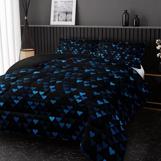 Geometric Blue Love Black Comforter Set,Blue Heart Honeycomb 3 PCS Bedding Set Full Size for Teen Adult,Modern Quilt Set Geometry Decor,Microfiber Lightweight 1 Comforter 2 Pillowcases