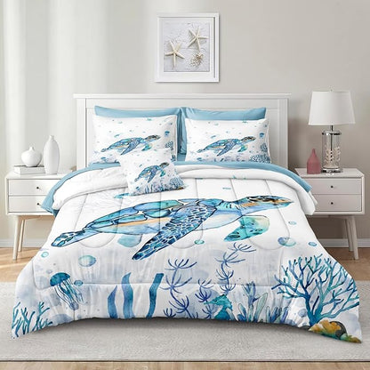 Sea Turtle Comforter 8 Pieces King Size Bed in a Bag Beach Ocean Bedding Sets with 1 Turtle Comforter, 1 Teal Blue Flat Sheet, 1 Fitted Sheet, 4 Pillowcases, 1 Cushion Cover(Sea Turtle, King)