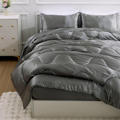 A Nice Night Satin Silky Soft Quilt Luxury Super Soft Microfiber Bedding Comforter Set, Light Weighted (Silver, King)