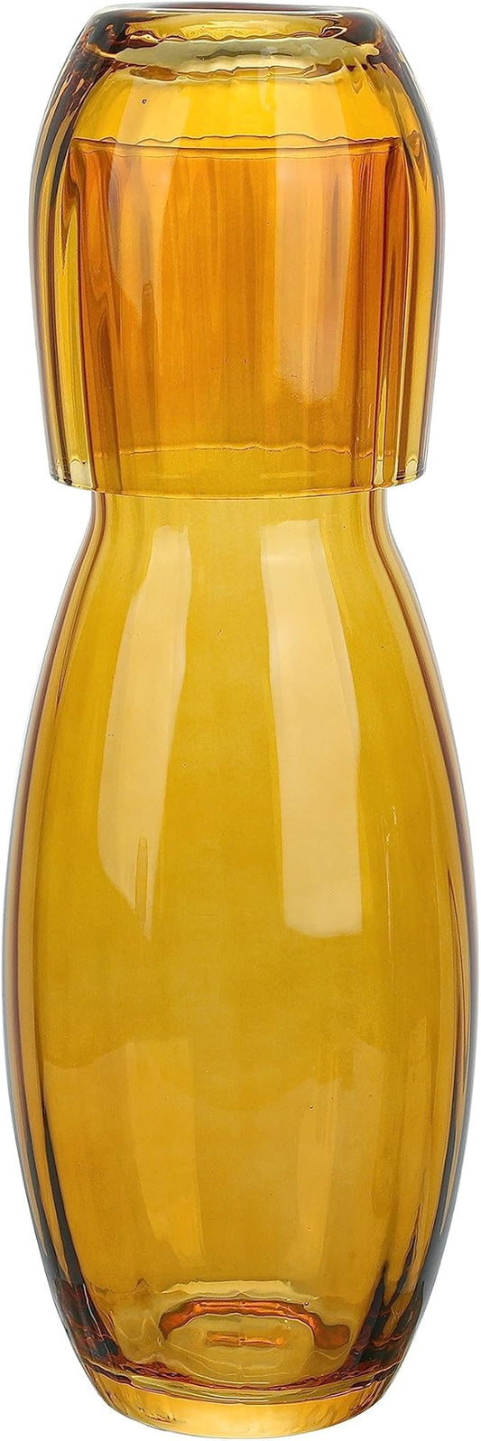 American Atelier 40 oz Bedside Water Carafe with Tumbler – 10.63" Ribbed 2-Piece Glass Set, Pitcher with Cup Lid for Nightstand, Guest Room, Office, Durable & Elegant Drinkware (Amber)
