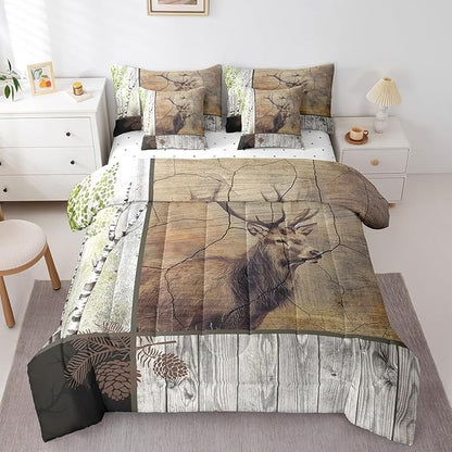 Elk Deer Comforter Set 7 Piece Bed in a Bag Twin,Xmas Moose Reindeer Bedding Sets Birch Trees Sheet Set with Comforter