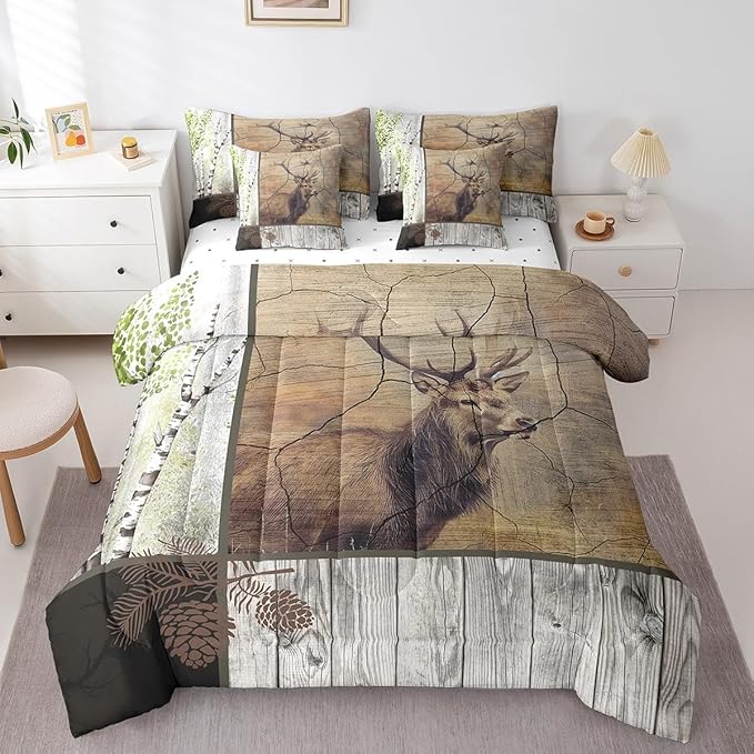 Elk Deer Bed in a Bag King Size Comforter Set 7 Pieces,Xmas Moose Reindeer Bedding Sets Birch Trees Sheet Set with Comforter