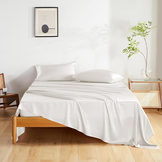 THXSILK Silk Sheet Set 4 Pcs, Queen Size Sheet Set, Soft Breathable Cooling Bed Sheets with 1 Flat Sheet, 1 Fitted Sheet, 2 Pillowcases with Zipper Closure, White