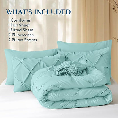 JOLLYVOGUE King Size Comforter Set 7 Pieces - Bed in a Bag King for All Season, Pintuck Bedding Comforter Sets with Comforter, Flat Sheet, Fitted Sheet and Pillowcases & Shams, Lake Blue