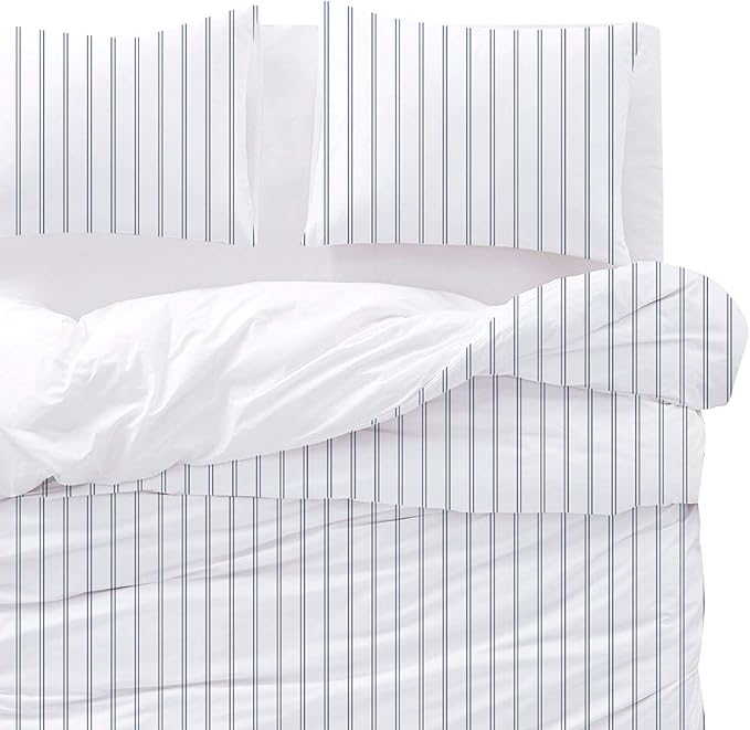 Wake In Cloud - Striped Comforter Set, Ticking Stripe Vertical Pinstripe Neutral Farmhouse Pattern Printed, Soft Lightweight Bedding, 3 Pieces, Navy White, Queen Size
