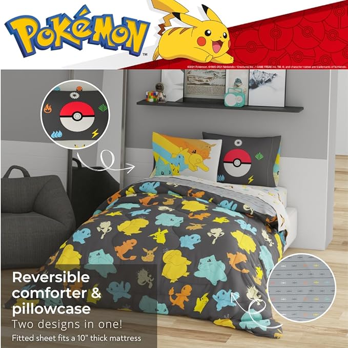 Pokemon Bedding Set, Twin Size 5 Piece Set Kids Super Soft Cozy Reversible Comforter and Sheet Set with Sham, (100% Officially Licensed Product) by Franco