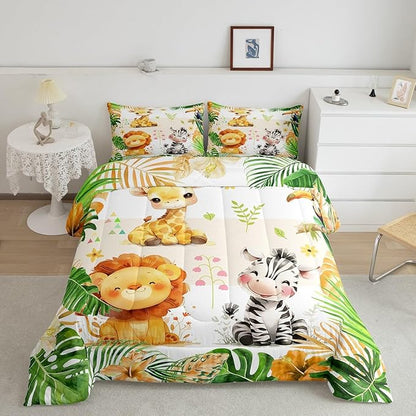 jejeloiu Kids Zoo Animal Bedding Set King Size Cute Animal Comforter Set for Boys Girls Teens Lion Giraffe Elephant Duvet Set Tropical Leaves Quilt Set 3Pcs