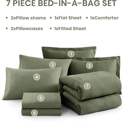 Monbix Oversized King Comforter Set - 7 Pieces Cationic Dyeing Olive Green Bed in a Bag Bed Sets with Comforter, Sheets, Pillowcases & Shams, Reversible Bedding Comforters Sets (120 * 98)