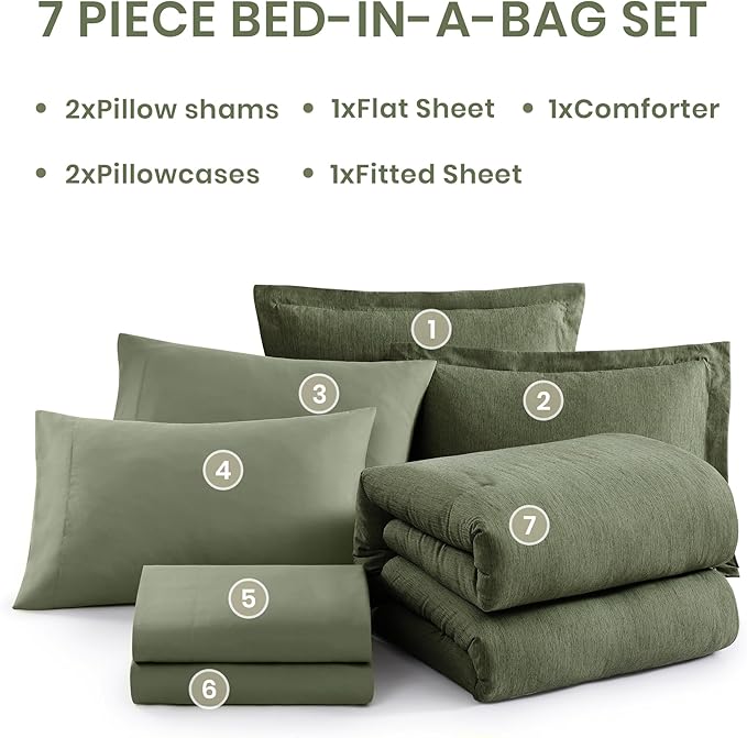 Monbix Super King Plus Size Comforter Set - 7 Pieces Cationic Dyeing Olive Green Bed in a Bag Bedding Sets with Comforter, Sheets, Pillowcases & Shams, Reversible Bedding Comforters Sets
