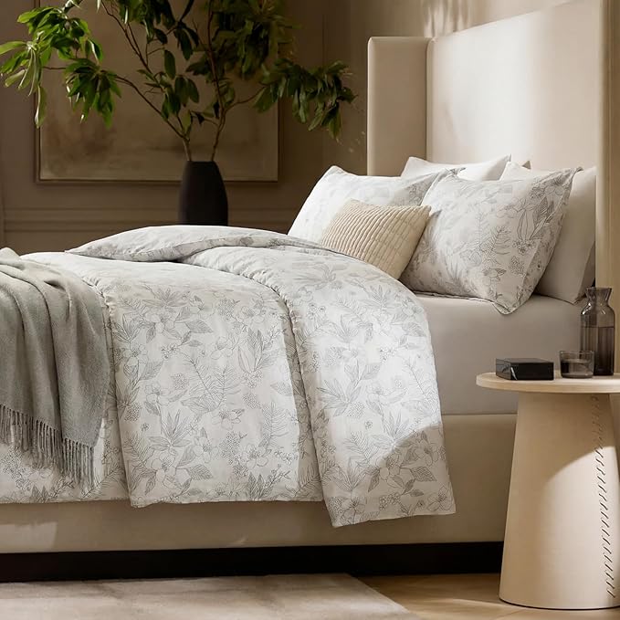 Floral Comforter Set King Size 100% Cotton Comforter Sets, Reversible Grey Floral Comforters Lightweight All Season Farmhouse Bedding with Matching Pillowcases