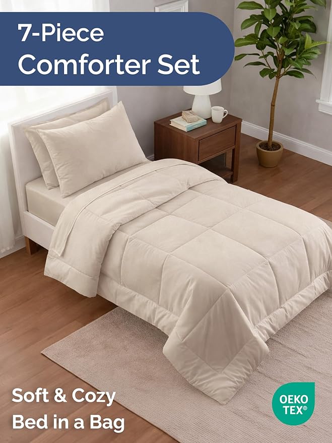 Twin Comforter Set - 5 Piece Bed in a Bag Twin Size Bed Set - Down Alternative Comforter, Flat Sheet, Fitted Sheet, Pillowcase & Sham for All Seasons - Ultra Soft, Cozy, Comfy and Breathable - Wheat
