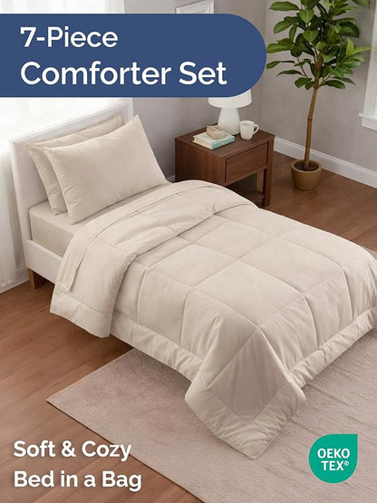 Twin Comforter Set - 5 Piece Bed in a Bag Twin Size Bed Set - Down Alternative Comforter, Flat Sheet, Fitted Sheet, Pillowcase & Sham for All Seasons - Ultra Soft, Cozy, Comfy and Breathable - Wheat