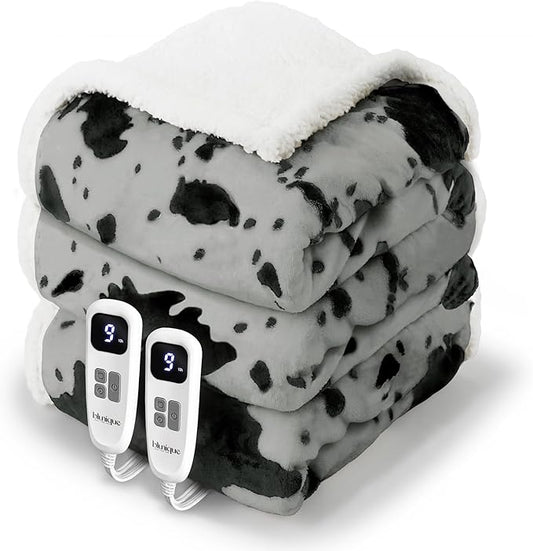 Cow Print Electric Heated Blanket Queen-Dual Control Heating Blanket Queen Size with 10 Heat Levels & 10 Hours Auto-Off, Cozy Soft Fleece Sherpa, Washable, 84x90 Inche Cow Print Grey