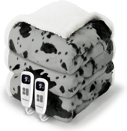Cow Print Heated Electric Blanket King Size-Dual Control Heating Blanket King Size with 10 Heat Levels & 10 Hours Auto-Off, Cozy Soft Fleece Sherpa, Washable, 90x100 Inche Cow Print Grey