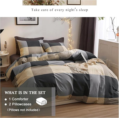 VM VOUGEMARKET Black Gray Beige Plaid Comforter Set Queen Boys Men Modern Bedding Set Geometric Checkered Pattern Comforter Bed in a Bag All Season Queen Comforter Set
