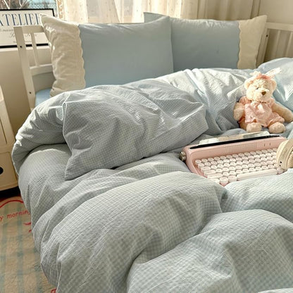 mixinni Light Blue Gingham Comforter Set Twin XL - 3 Piece Soft Washed Microfiber Plaid Bedding Set with Lace Trim, All Seasons Fluffy Comforter & Pillowcases, Farmhouse French Country Aesthetic