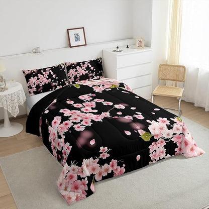 Erosebridal Cherry Blossoms Comforter Set,Japanese Style Duvet Insert Girls Woman Nature Plant Flower Floral Down Alternative,Decor 3Pcs Bedding Set (1 Quilted Duvet 2 Pillow Shams) King,Pink Black