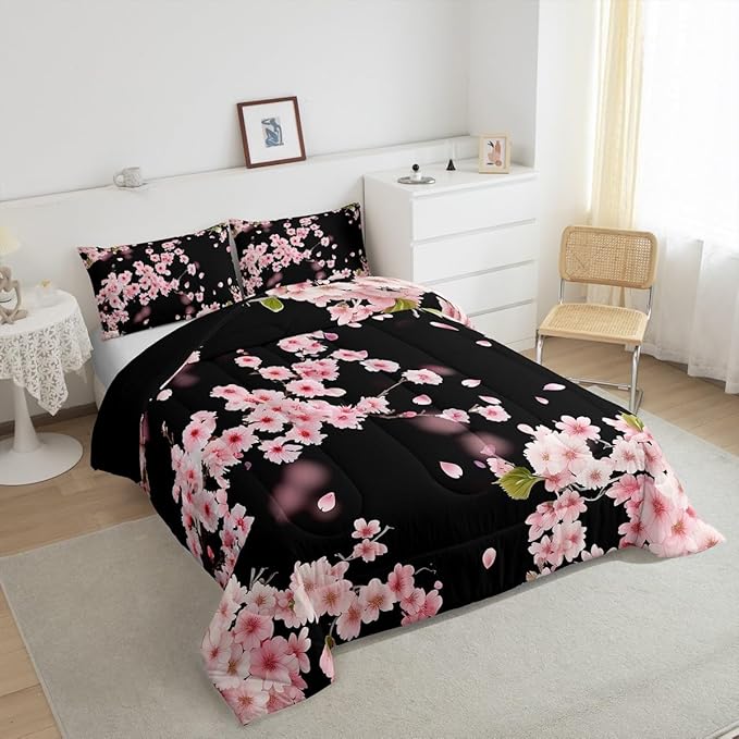 Erosebridal Cherry Blossoms Comforter Set,Japanese Style Duvet Insert Girls Woman Nature Plant Flower Floral Down Alternative,Decor 3Pcs Bedding Set (1 Quilted Duvet 2 Pillow Shams) Full,Pink Black