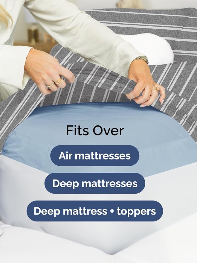Extra Deep Split King Sheet Set - 7 Piece Breathable and Cooling Sheets - Hotel Luxury Bedding for Women, Men, Kids & Teens - Secure Fit - Soft and Wrinkle Free with Extra Deep Pockets - Grey Stripes