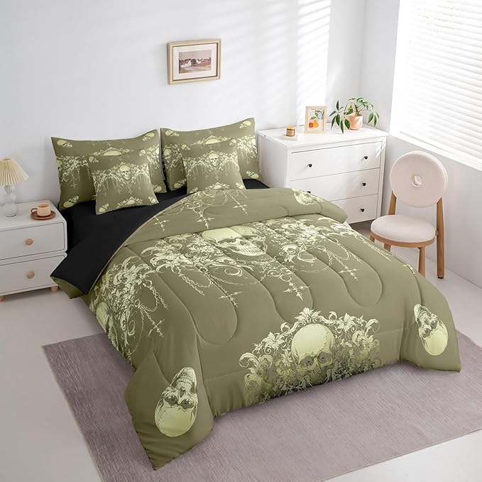 Erosebridal Gothic Bed in a Bag King Size Comforter Set 7 Pieces,Goth Sugar Skull Olive Green Damask Bedding Set,Bohemian Vintage Floral Comforter and Sheet Set,Exotic Antique Victorian Baroque Decor