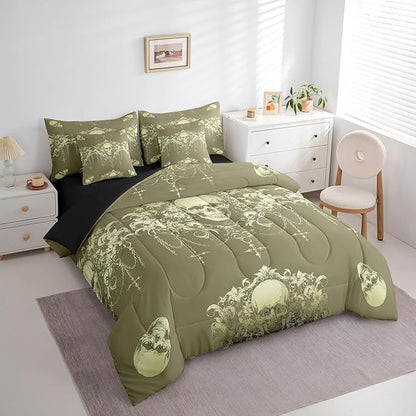Erosebridal Gothic Bed in a Bag Queen Comforter Set 7 Piece,Goth Sugar Skull Olive Green Damask Bedding Set,Bohemian Vintage Floral Comforter and Sheet Set,Exotic Antique Victorian Baroque Decor