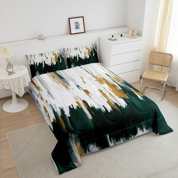 Erosebridal Emerald Green Bedding Set Full Watercolor Graffiti Comforter Set, Striped Oil Painting Duvet Insert Aesthetic Modern Quilt Set, Ombre Brush Marks Contemporary Bedding Comforters & Sets